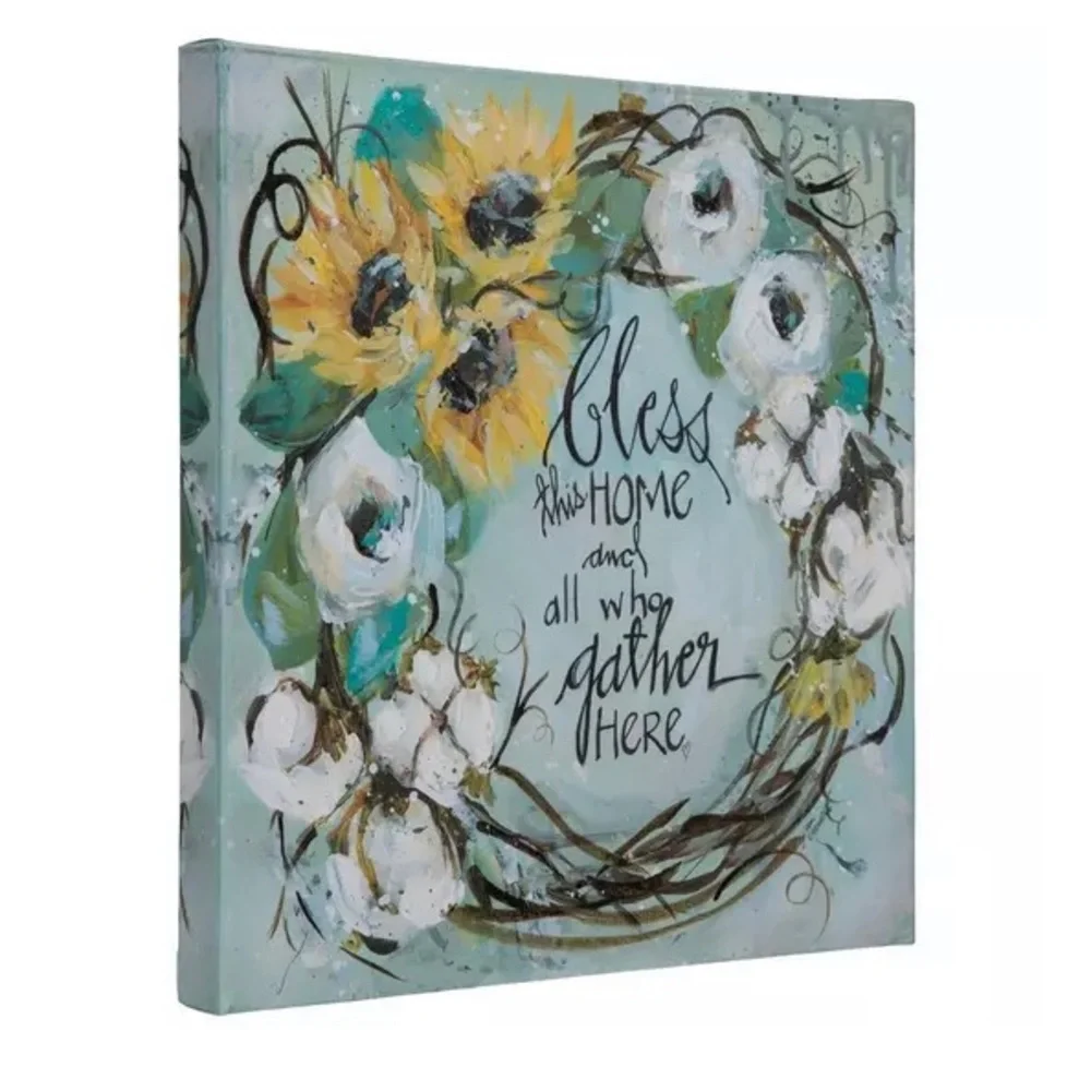 Bless This Home Gather Wreath Canvas Boho Fall Farmhouse Floral Wall Art Decor